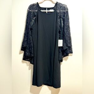 Calvin Klein Black Sequined Lace Capelet Shift Dress NEW Size 16
